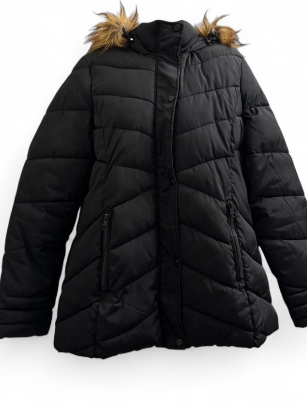 Madden Girl Black Quilted Puffer Jacket Faux Fur Trim Hood Women’s - Picture 4 of 8